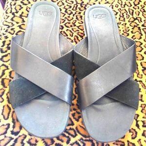 UGG Women's Black Slide Leather & Suede Sandals Size 8 ~Like New!